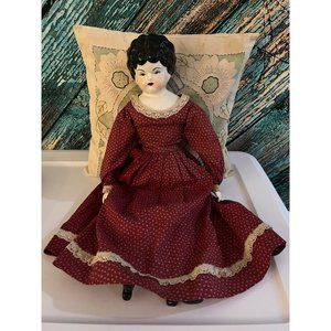Antique German China Head Doll 19" Cottage Core Dress Dark Hair Blue Eyes
